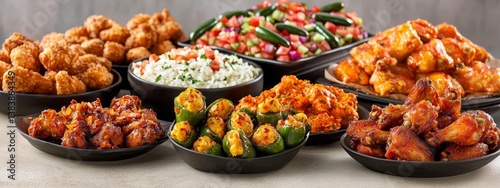 Assortment of Delicious Dishes Featuring Spicy Wings and Sides