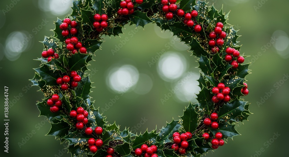 Holly Wreath with Red Berries and Gold Glitter - Festive holiday wreath, symbolizing joy, peace, celebration, tradition, and winter. Perfect for Christmas and winter decor Holly Wreath with Red Berries and Gold Glitter - Festive holiday wreath, symbolizing joy, peace, celebration, tradition, and winter. Perfect for Christmas and winter decor