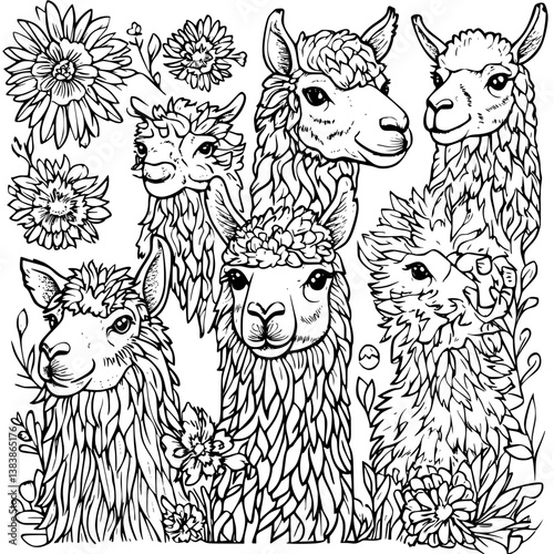 Collection of Alpacas coloring book vector designs, Alpacas vector image