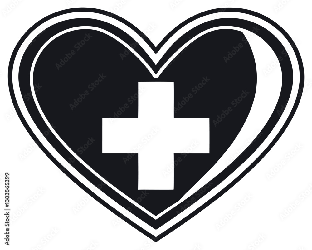 Obraz premium Black Heart with White Plus Sign: Medical and Healthcare Symbol