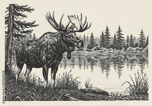 Moose illustration drawing art print wildlife nature forest lake scene