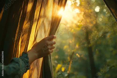 Female hand parts curtain to reveal sunlight and forest outside photo