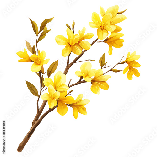 Yellow Magnolia Branch with Vibrant Flowers and Green Leaves, Isolated on White Background