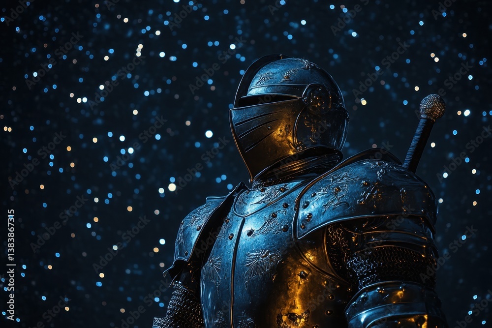 Fototapeta premium Knight stands under a starry sky, reflecting on a distant battle through his visor