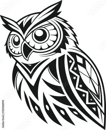 Tribal Owl Logo Vector – Black & White Symmetrical Design with Bold Geometric Patterns