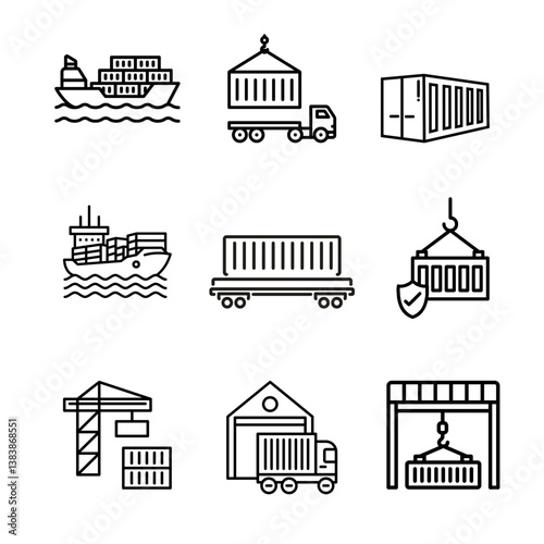 Freight Transport, Delivery container ship thin line icon set. Containing shipping storage, cargo crane,