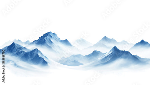 Mist-Covered Snowy Mountain Range in Blue Watercolor Style, Isolated on White Background