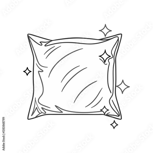 Simple square pillow with soft folds and sparkles, illustrated in a clean and cozy outlined vector style.