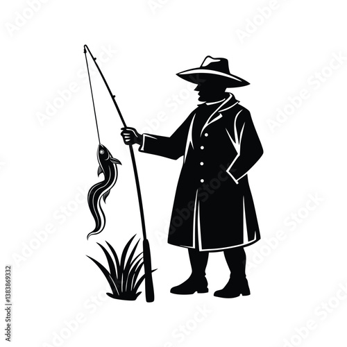 Black silhouette of a fish dangles  fisherman wearing a hat and coat