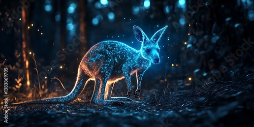 Glowing Bioluminescent Kangaroo Exploring a Magical Forest Wallpaper Background for Fantasy, Adventure, and Whimsical Design Projects photo