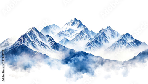 Snow-Capped Mountain Range with Misty Clouds, Watercolor Style Landscape on White Background