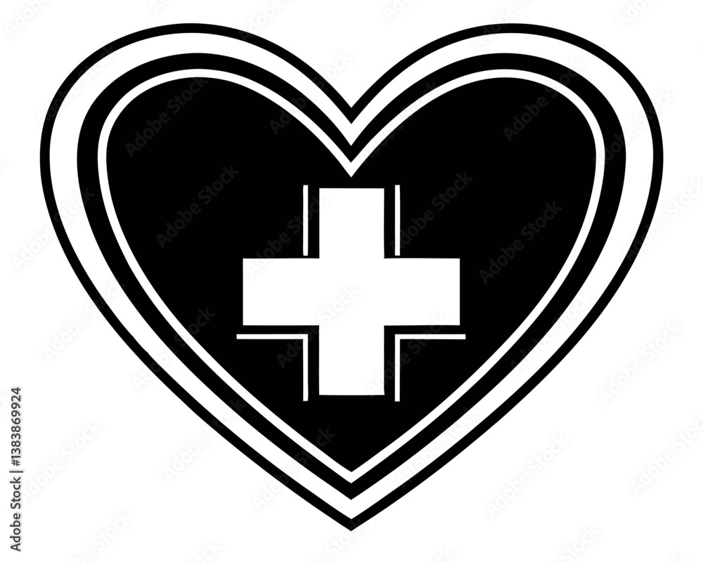 Obraz premium Black Heart with White Plus Sign: Medical and Healthcare Symbol