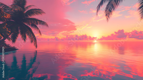 A tropical sunrise with the ocean reflecting the brilliant hues of the sky, calm and undisturbed by the morning breeze.