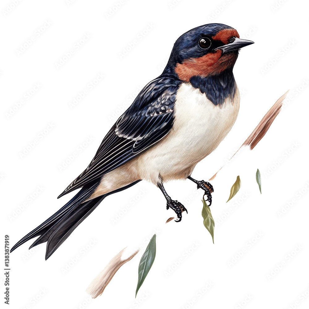 Fototapeta premium Realistic depiction of a swallow bird perched on a branch against a Transparent background, Swallow Bird Botanical realistic on PNG background