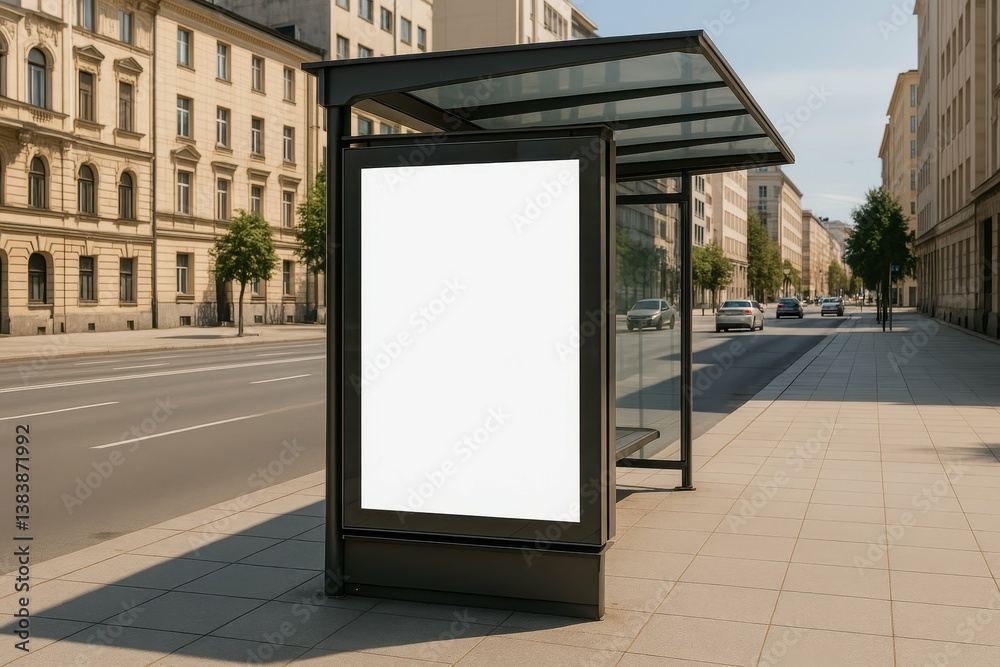 Urban Bus Stop Scene with Empty Advertisement Panel in City Landscape Urban Bus Stop Scene with Empty Advertisement Panel in City Landscape