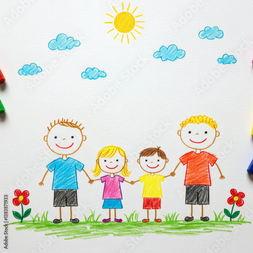 Happy children holding hands in a colorful drawing with sun  