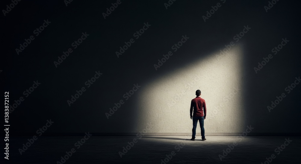 Man Facing Uncertain Future - A lone figure stands in a dimly lit room, a single beam of light illuminating the path ahead, symbolizing hope and uncertainty Man Facing Uncertain Future - A lone figure stands in a dimly lit room, a single beam of light illuminating the path ahead, symbolizing hope and uncertainty