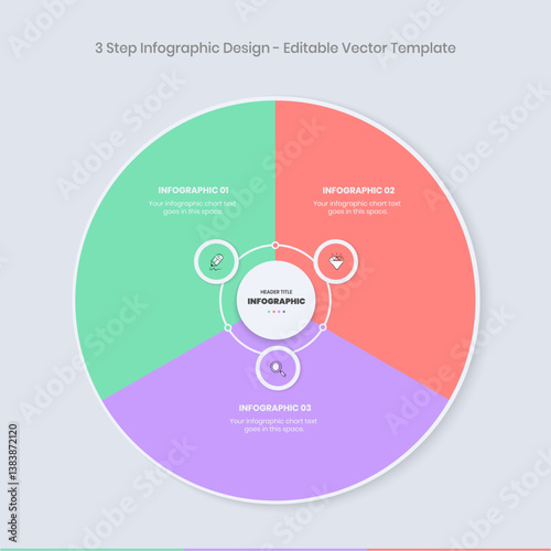 3 Step Infographics Design Template, circle diagram, Modern Business presentation Infographic elements, colorful circle workflow slide template,  Timeline minimalist rounded infographic template