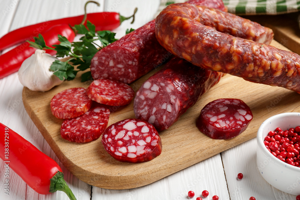 Different smoked sausages and spices on white wooden table, closeup Different smoked sausages and spices on white wooden table, closeup