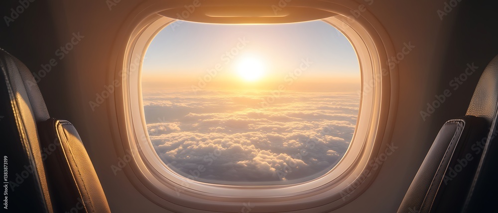 Naklejka premium Airplane Window Sunrise Golden Cloudscape Above