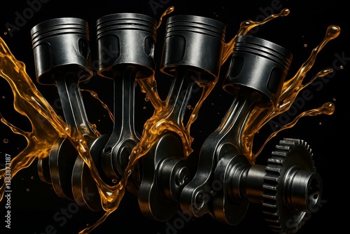Golden Motion of Engine Parts with Oil Splash in Dynamic Display