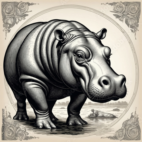 A hippopotamus in a vintage print