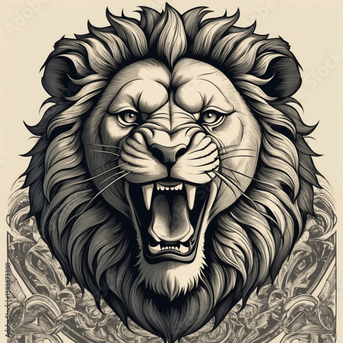 A roaring lion in a vintage print