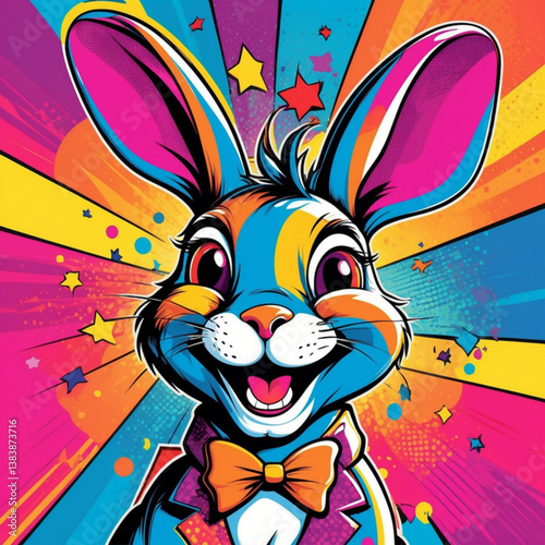 Smiling rabbit in pop art style with bold contours, bright colors and dynamic background
