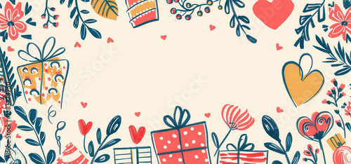 Whimsical Floral and Gift Box Border Illustration for Greeting Card or Poster Design