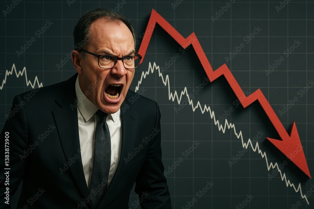 Frustrated Businessman Yelling with Falling Stock Chart in Background