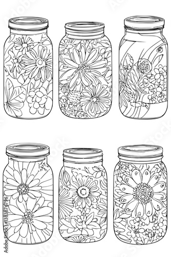 Collection of Mason jars coloring book vector designs, Mason jars vector illustration