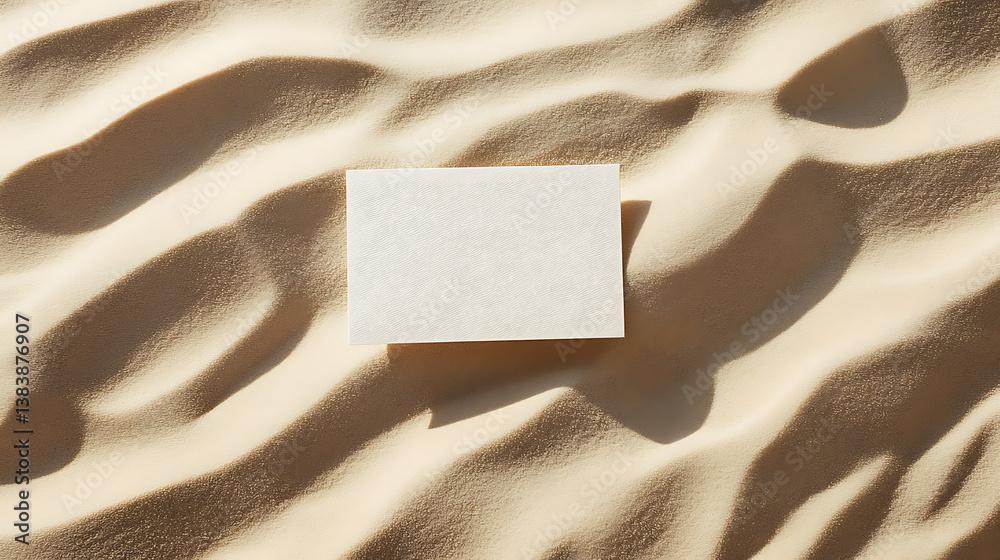 Blank card mockup on sand background, top view flat lay, minimal design, boho style