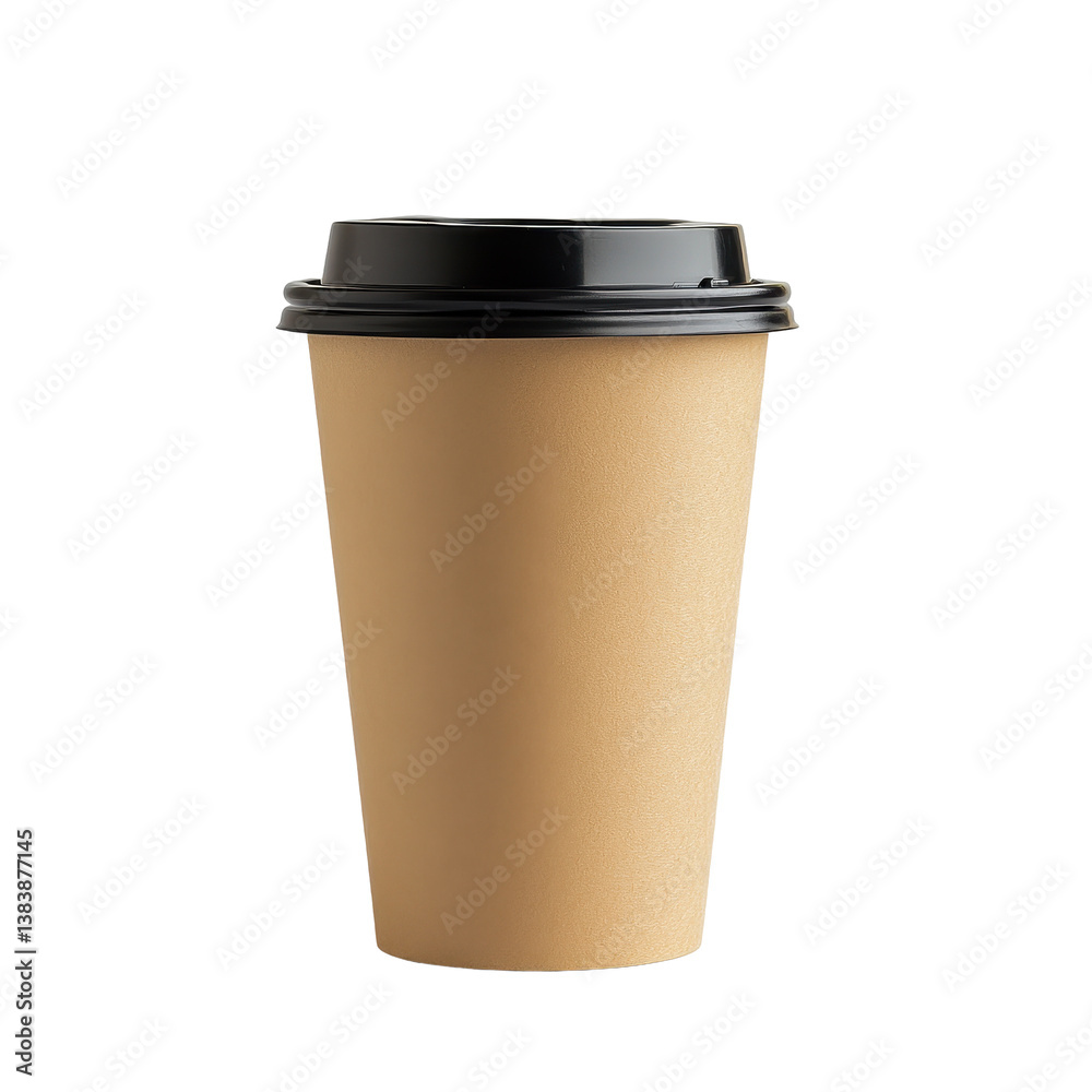 Brown paper coffee cup with black lid placed on a plain surface ready for a hot beverage, Brown paper coffee cup with black plastic lid white background Brown paper coffee cup with black lid placed on a plain surface ready for a hot beverage, Brown paper coffee cup with black plastic lid white background