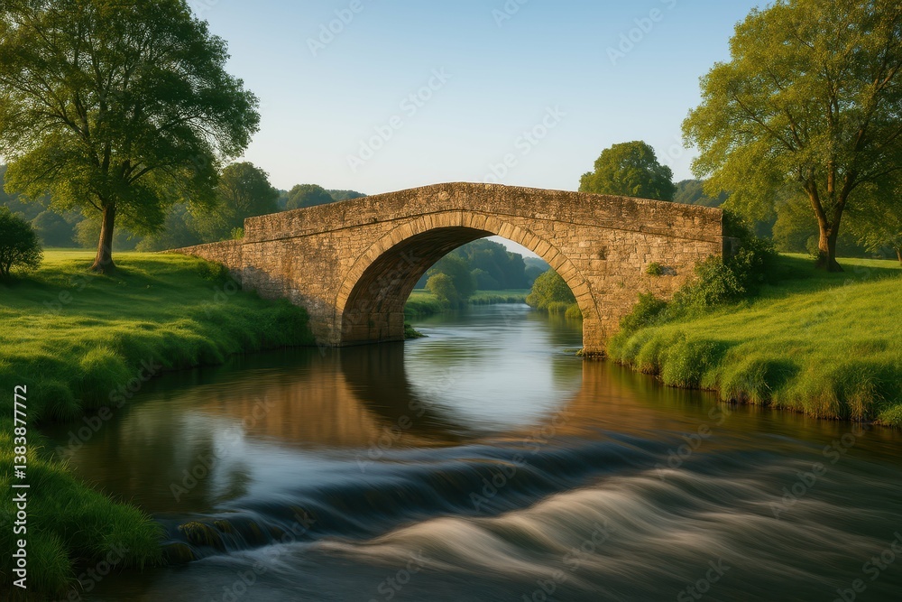 Serene Stone Bridge Over Calm Waters in Lush Green Landscape Serene Stone Bridge Over Calm Waters in Lush Green Landscape