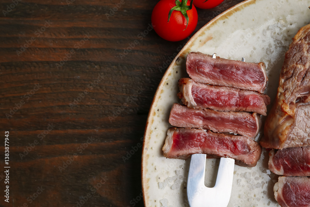 Pieces of delicious beef meat and tomato on wooden table, top view. Space for text