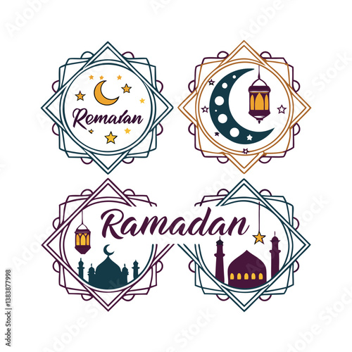 Create a set of four Ramadan-themed decorative labels with intricate geometric frames inspired by Islamic art