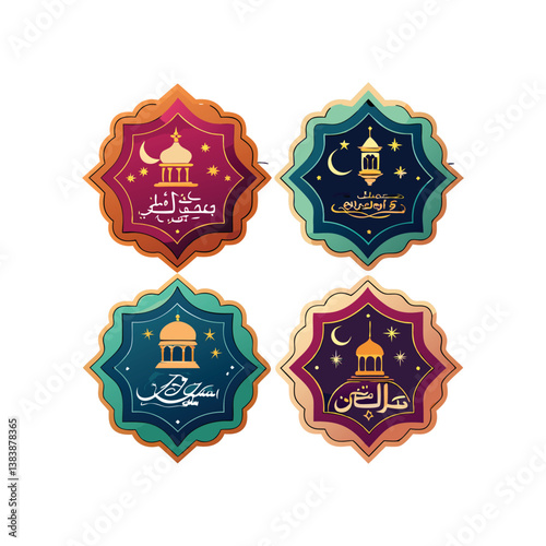 Create a set of four Ramadan-themed decorative labels with intricate geometric frames inspired by Islamic art