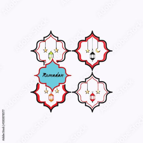 Create a set of four Ramadan-themed decorative labels with intricate geometric frames inspired by Islamic art