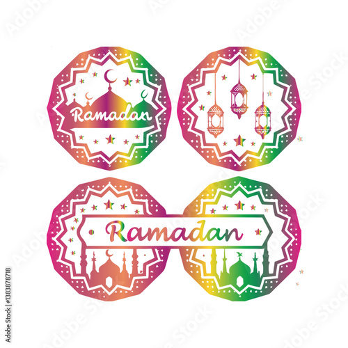 Create a set of four Ramadan-themed decorative labels with intricate geometric frames inspired by Islamic art