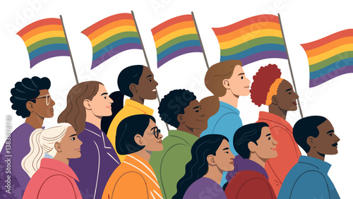 A vibrant illustration of diverse individuals holding rainbow flags, representing unity and equality during a pride celebration