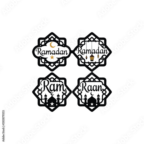Create a set of four Ramadan-themed decorative labels with intricate geometric frames inspired by Islamic art