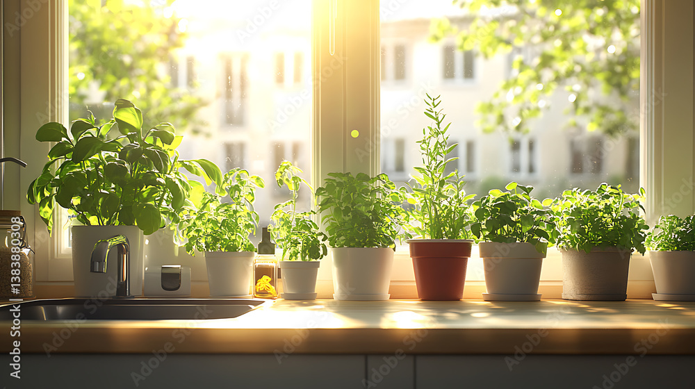 Bright kitchen window sill with a variety of potted herbs, sunny daylight, and a clear sink, ideal for articles on urban gardening and home decor Bright kitchen window sill with a variety of potted herbs, sunny daylight, and a clear sink, ideal for articles on urban gardening and home decor