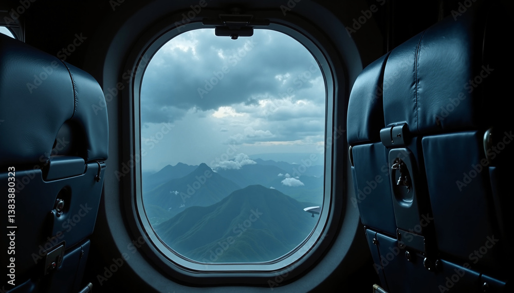 Naklejka premium Airplane Window View Over Mountains Under Cloudy Sky 