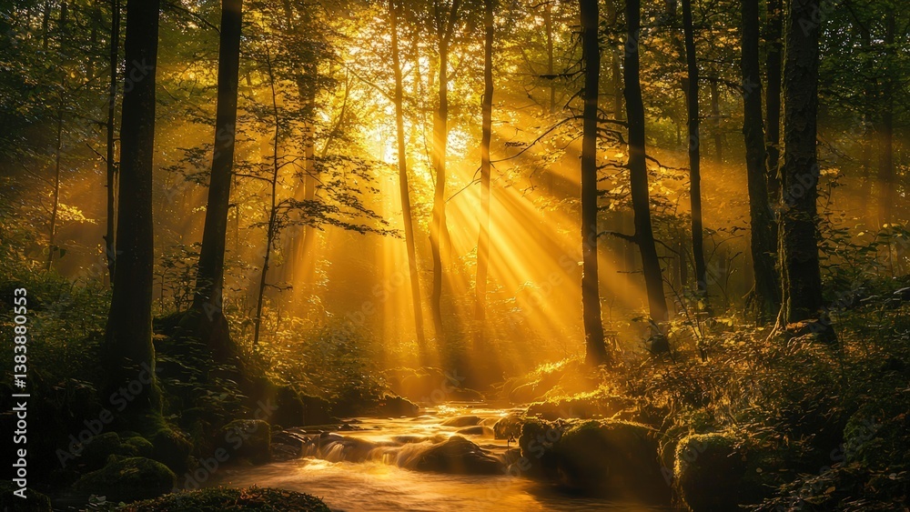 Obraz premium Mystical Light Rays Over a Flowing Forest Stream