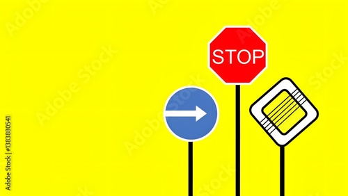 Colorful traffic signs on a bright yellow background showcasing stop and direction indicators in a minimalist style