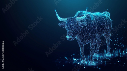 Abstract polygonal bull, low poly style, dark blue background.