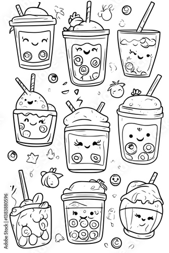 Collection of Bubble teas with smiling faces coloring book vector designs, Bubble teas with smiling faces illustration art