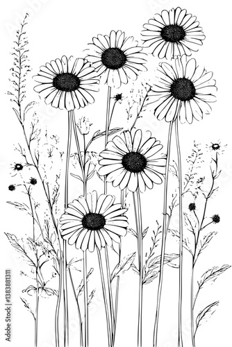 Collection of Daisies coloring book vectors, Daisies illustration art