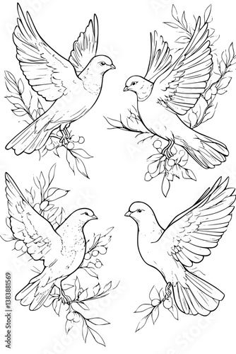Collection of Doves coloring book vectors, Doves illustration art