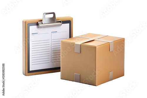 3D Cardboard Box and Clipboard Isolated on Transparent Background